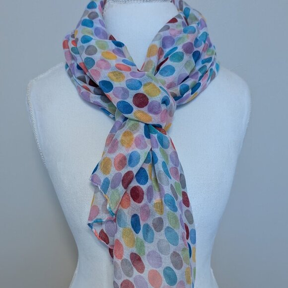VINTAGE 1990s Style Dots rainbow polka dot on white semi sheer scarf EUC - Picture 1 of 6